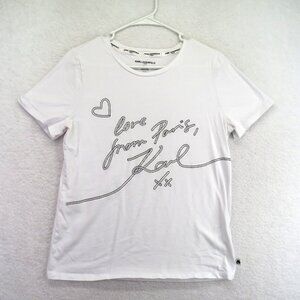 Karl Lagerfeld Shirt Womens Medium White Paris Script Graphic Tee Heart Logo Top